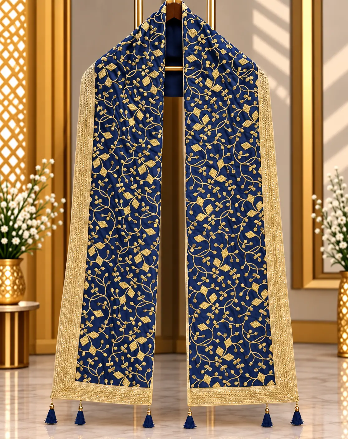 Navy Blue Traditional Groom Wedding Stole with Gold Floral Embroidery