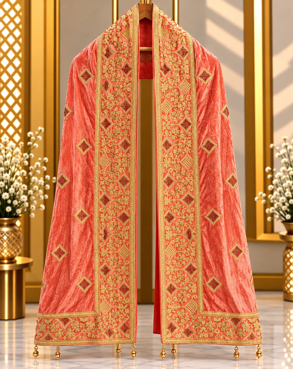 Peach Traditional Groom Wedding Stole with Gold Embroidery