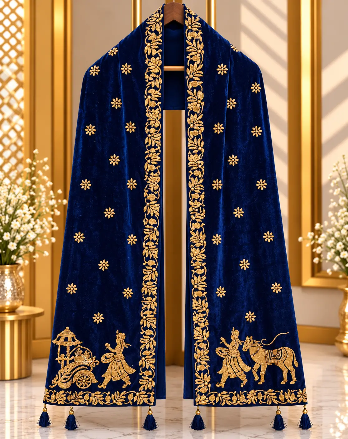 Royal Blue Traditional Groom Wedding Stole with Gold Floral Embroidery