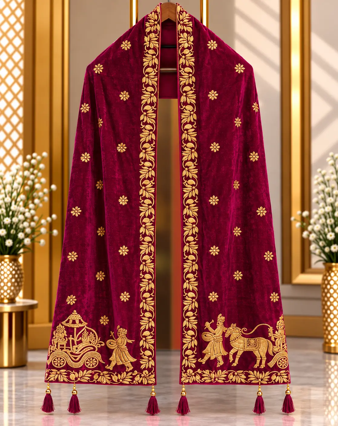 Magenta Traditional Groom Wedding Stole with Gold Procession Embroidery