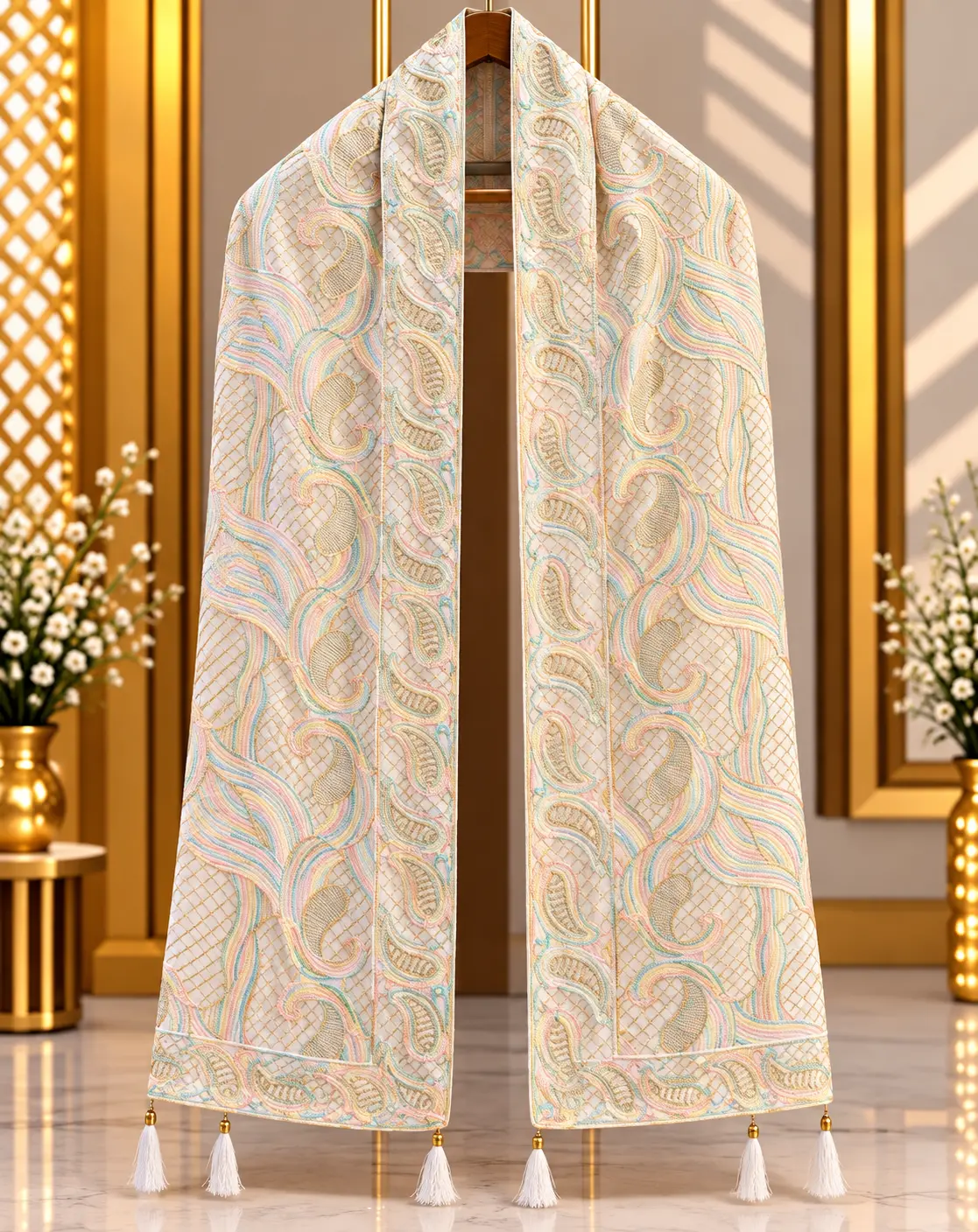 Ivory Cream Traditional Groom Wedding Stole with Pastel Paisley Embroidery