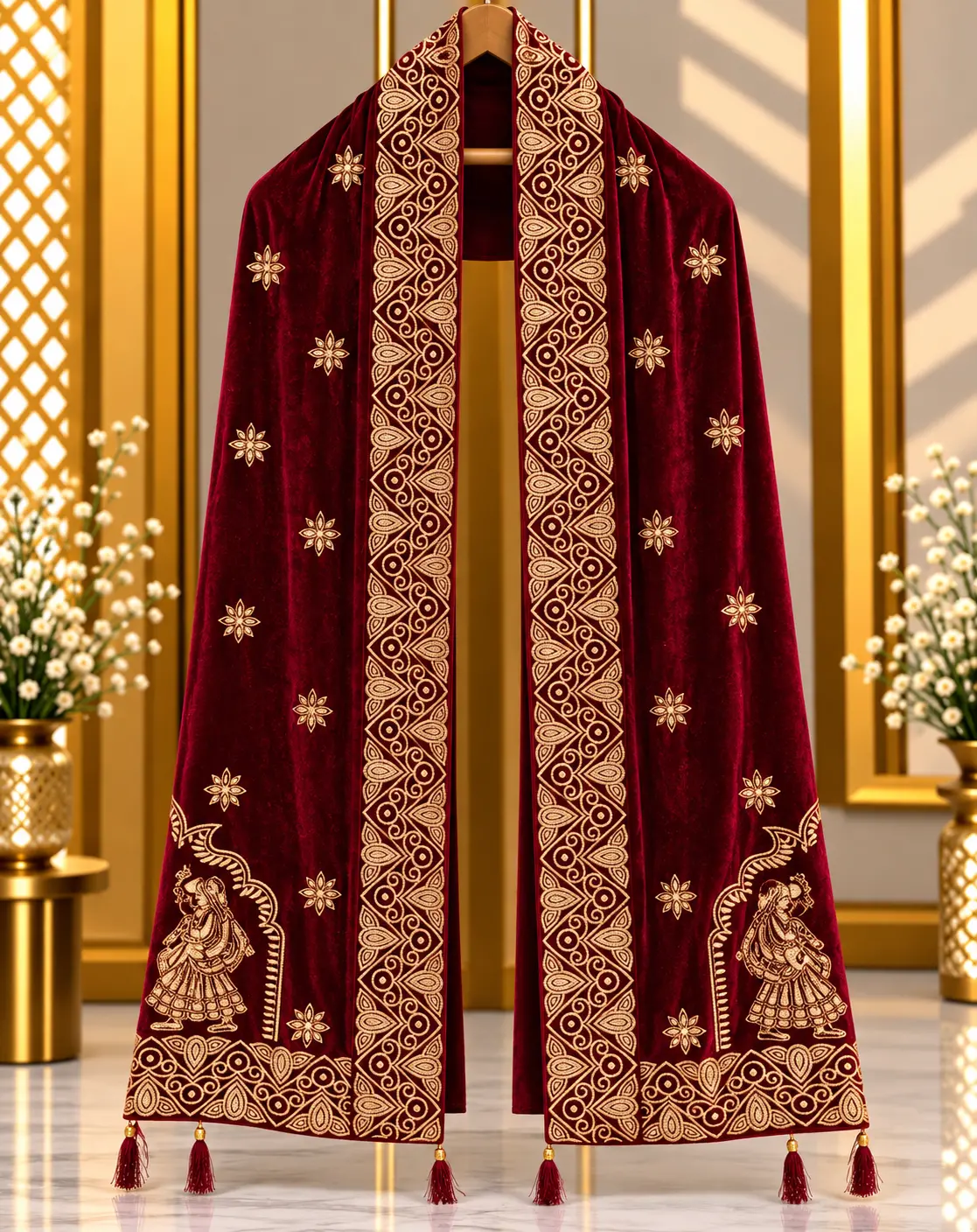Deep Maroon Traditional Groom Wedding Stole with Gold Embroidery
