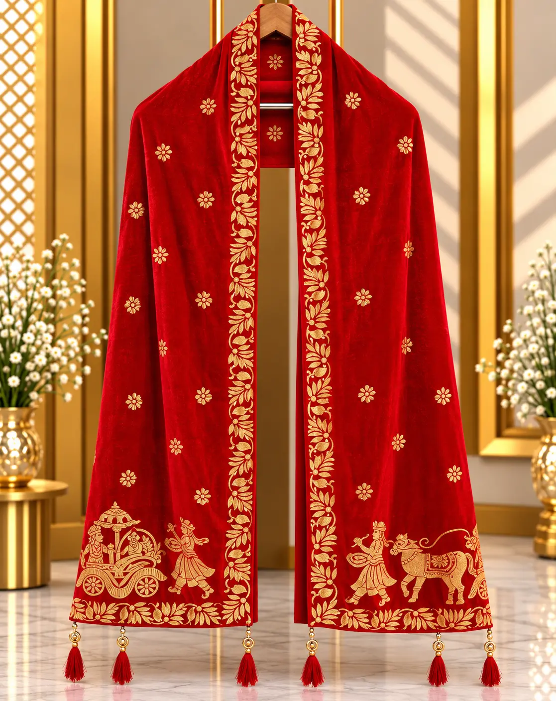 Red Traditional Groom Wedding Stole with Gold Floral Embroidery