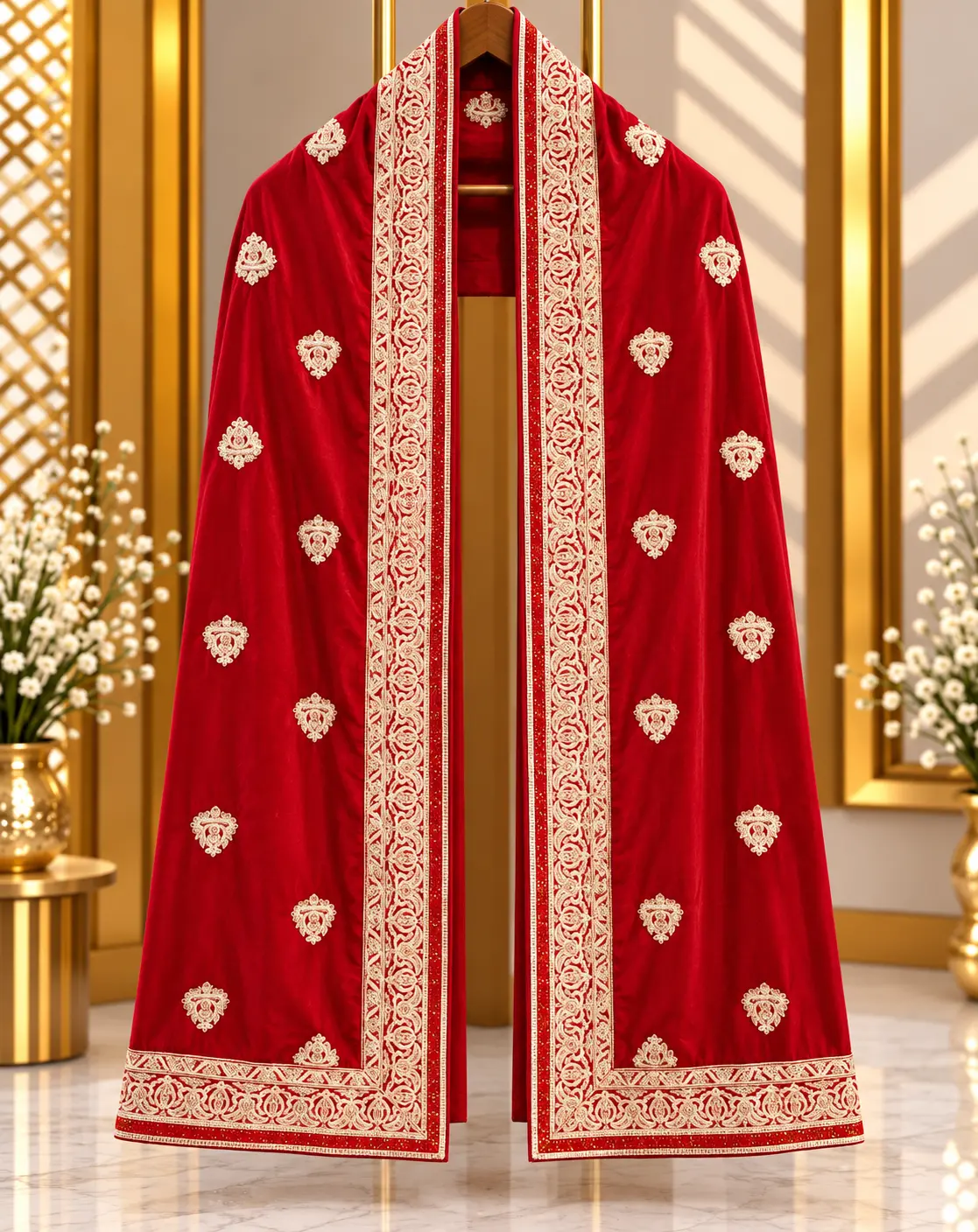 Red Traditional Groom Wedding Stole with Ornate Embroidered Border