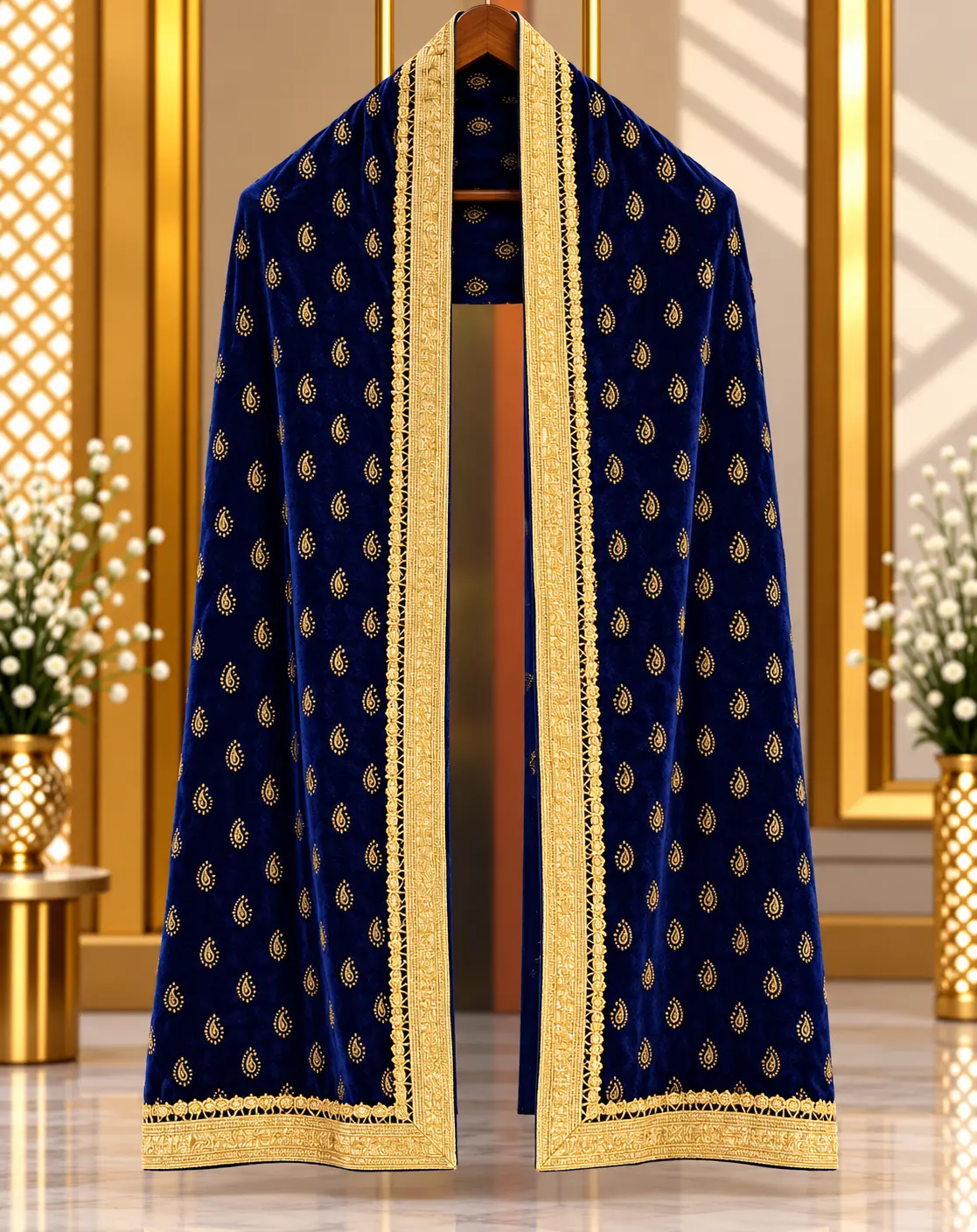 Navy Blue Traditional Groom Wedding Stole with Gold Paisley Motifs