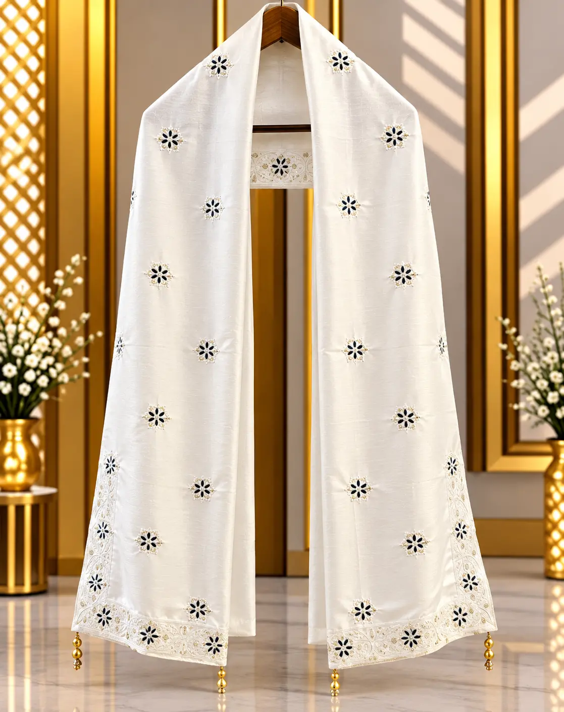 Ivory White Traditional Groom Wedding Stole with Floral Embroidery