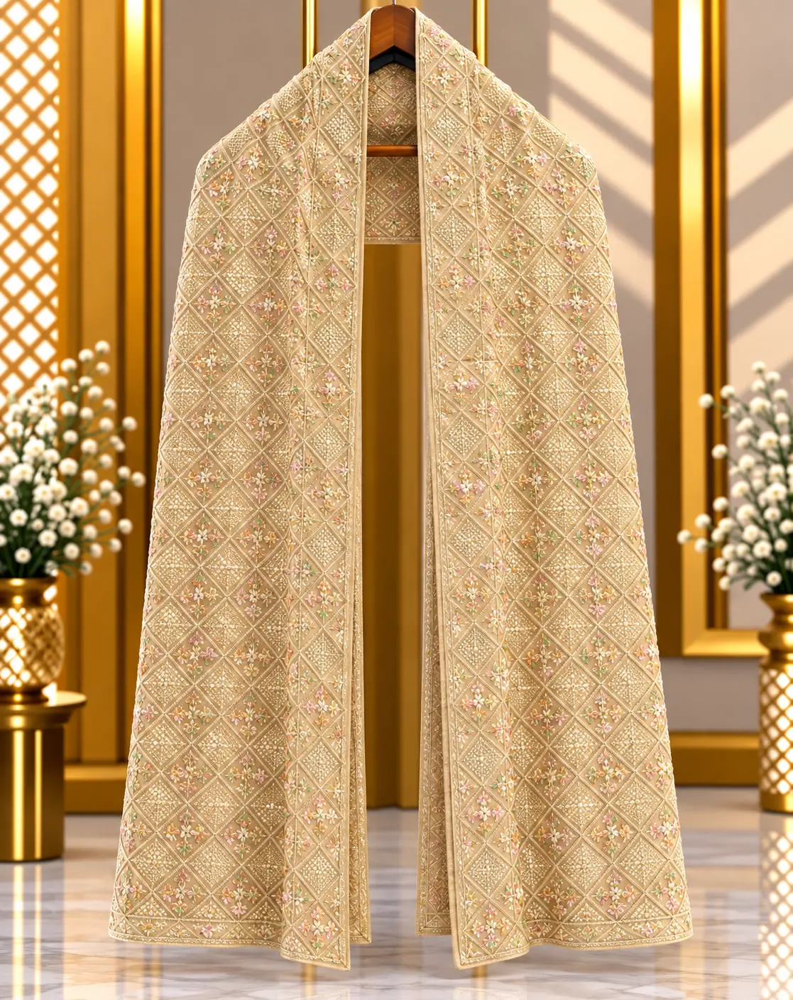 Beige Traditional Groom Wedding Stole with Geometric Floral Embroidery
