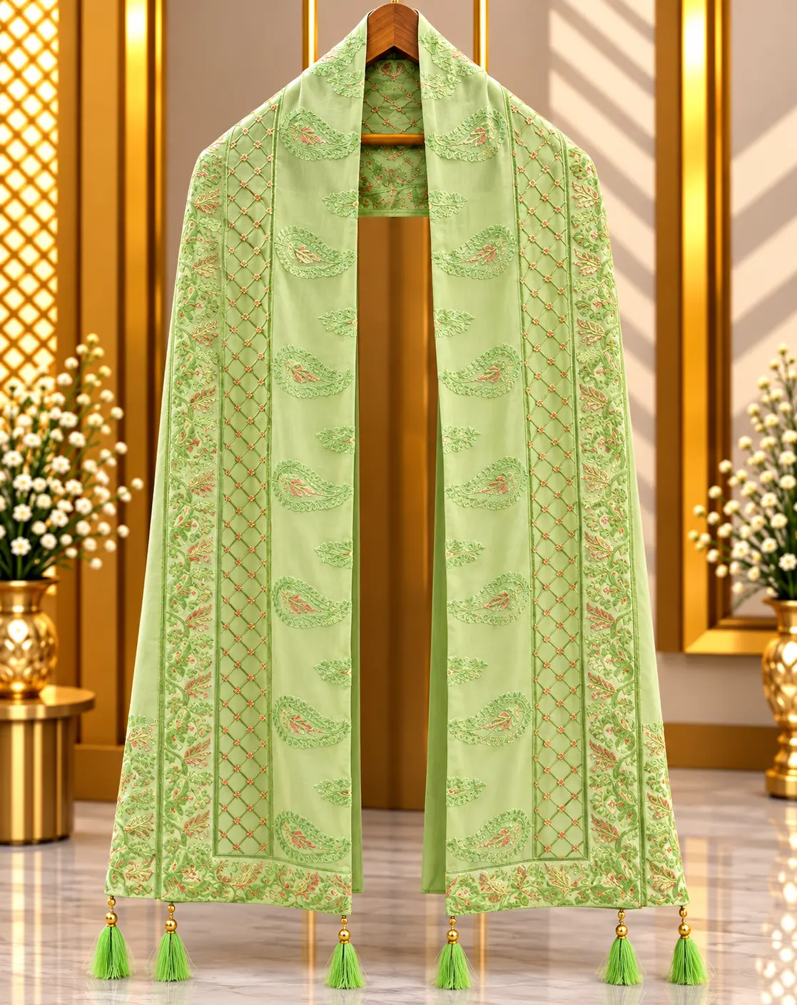 Pista Green Traditional Groom Wedding Stole with Paisley Motifs