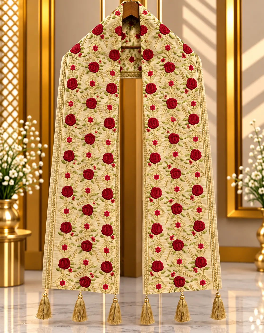 Cream Traditional Groom Wedding Stole with Red Rose Embroidery