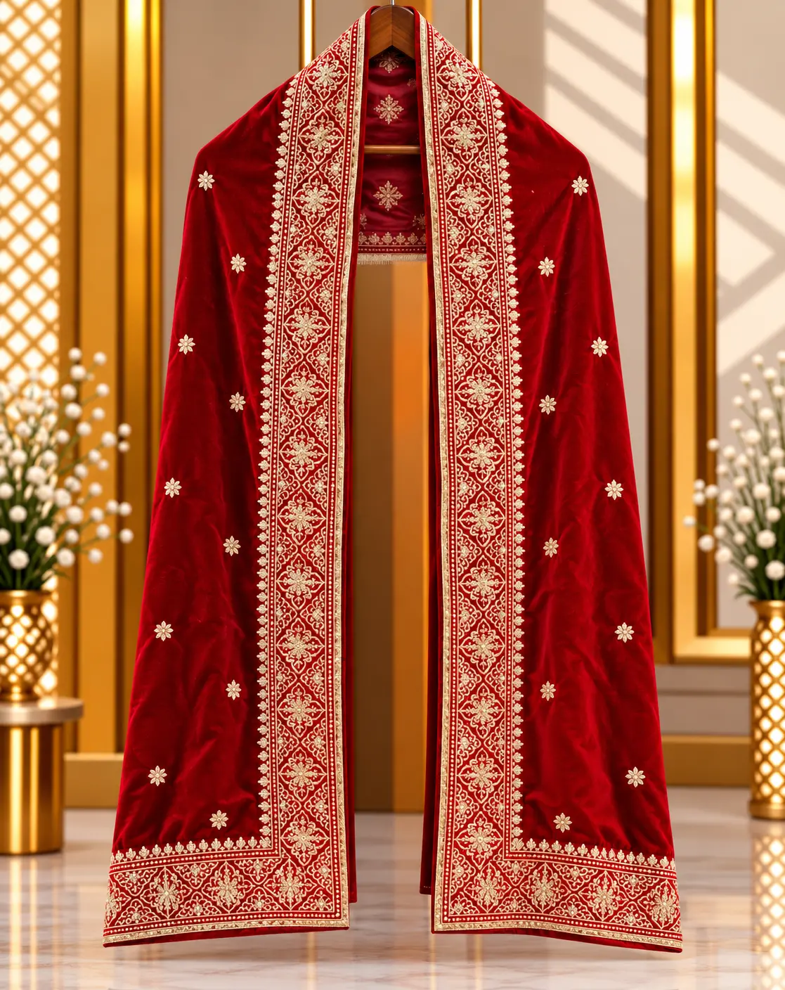 Red Traditional Groom Wedding Stole with Ornate Gold Embroidery