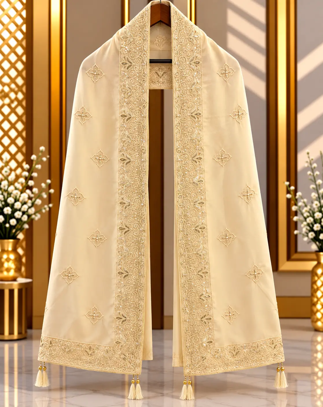 Ivory Cream Traditional Groom Wedding Stole with Ornate Gold Embroidery