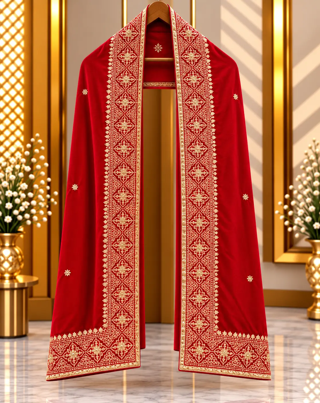 Red Traditional Groom Wedding Stole with Ornate Gold Embroidery