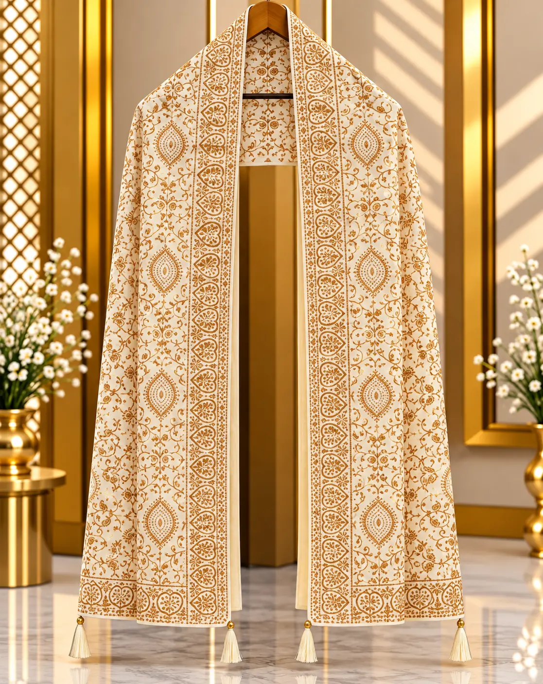 Ivory Cream Traditional Groom Wedding Stole with Paisley Print