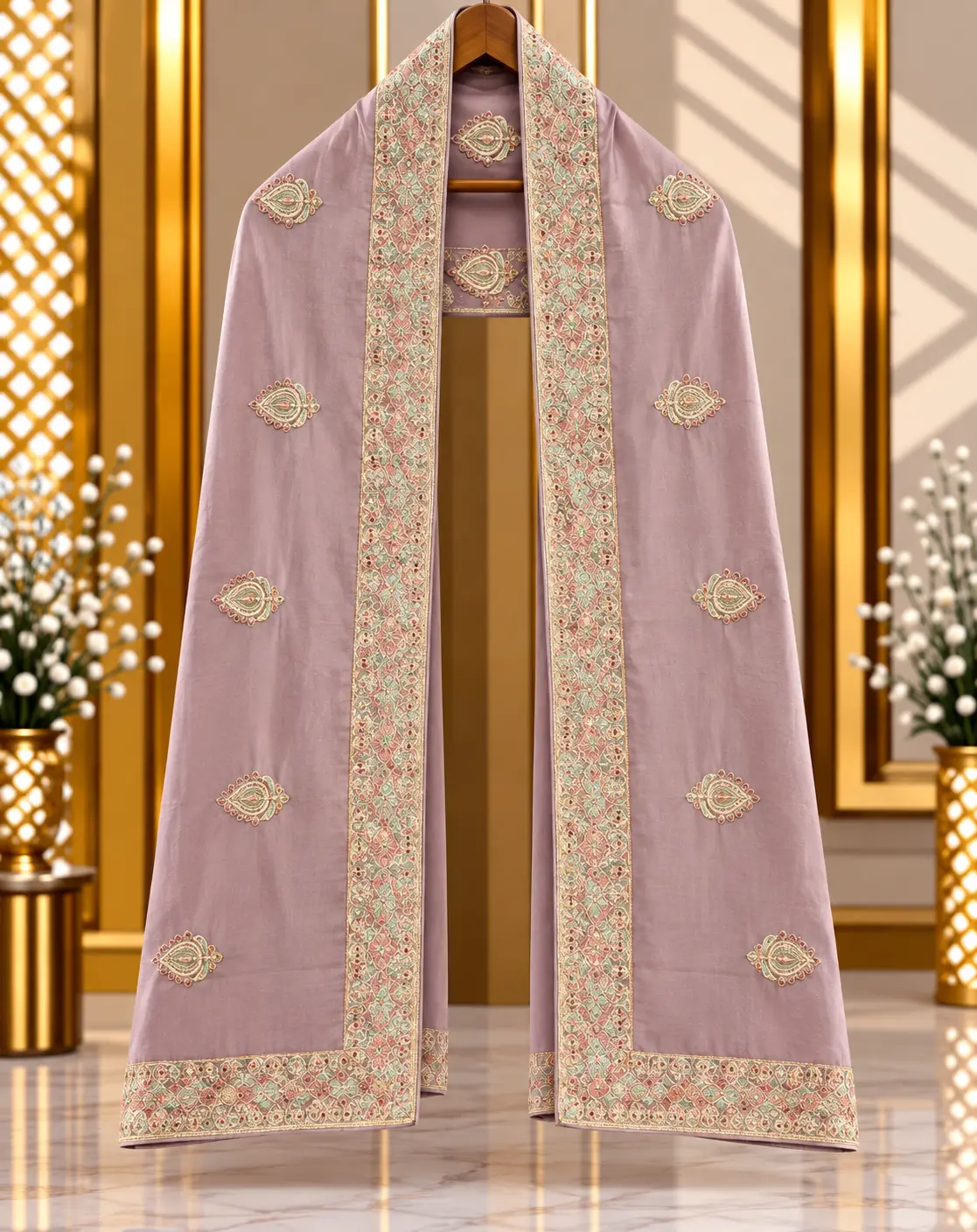 Dusty Lavender Traditional Groom Wedding Stole with Embroidered Border