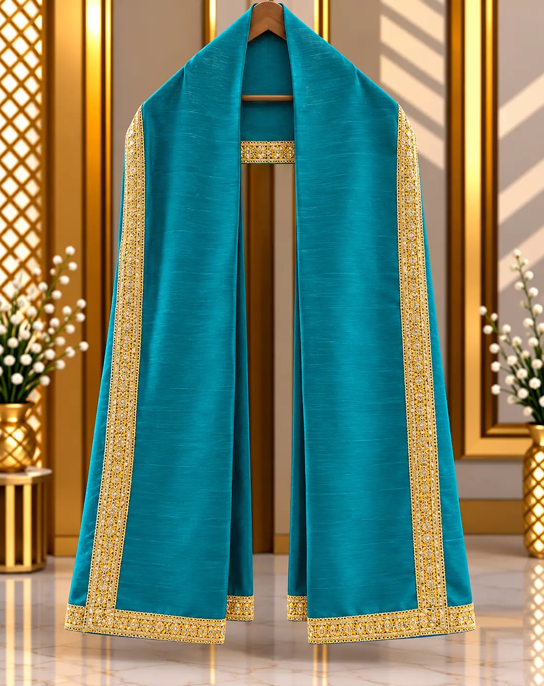 Teal Blue Traditional Groom Wedding Stole with Gold Border
