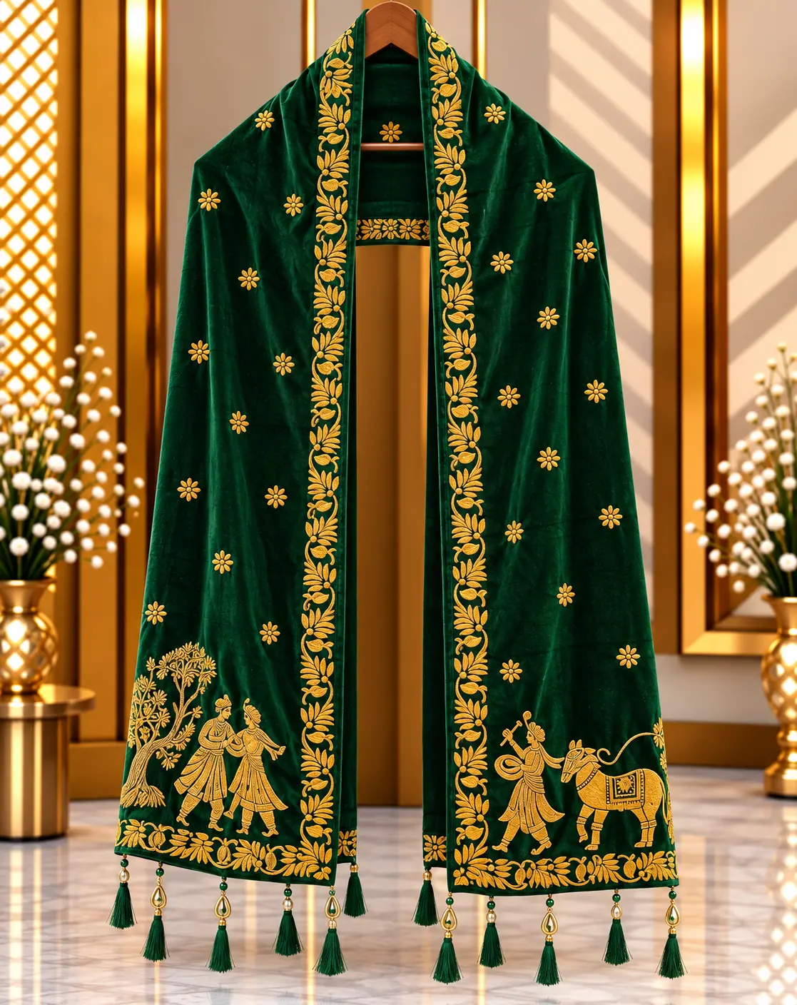 Bottle Green Traditional Groom Wedding Stole with Gold Floral Embroidery