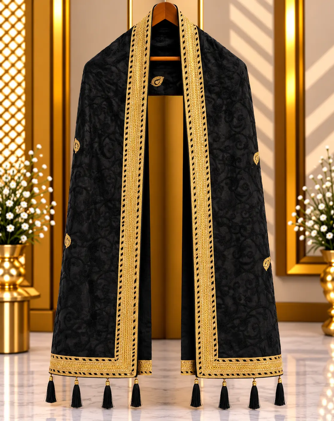 Black Traditional Groom Wedding Stole with Ornate Gold Border