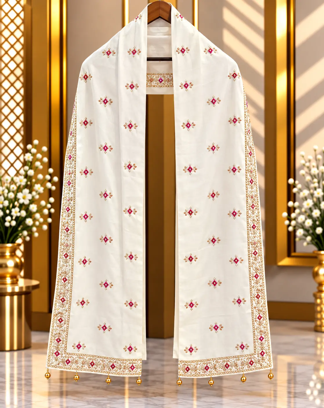 Ivory White Traditional Groom Wedding Stole with Red Diamond Embroidery
