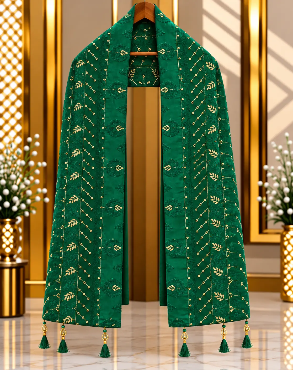 Emerald Green Traditional Groom Wedding Stole with Gold Leaf Embroidery