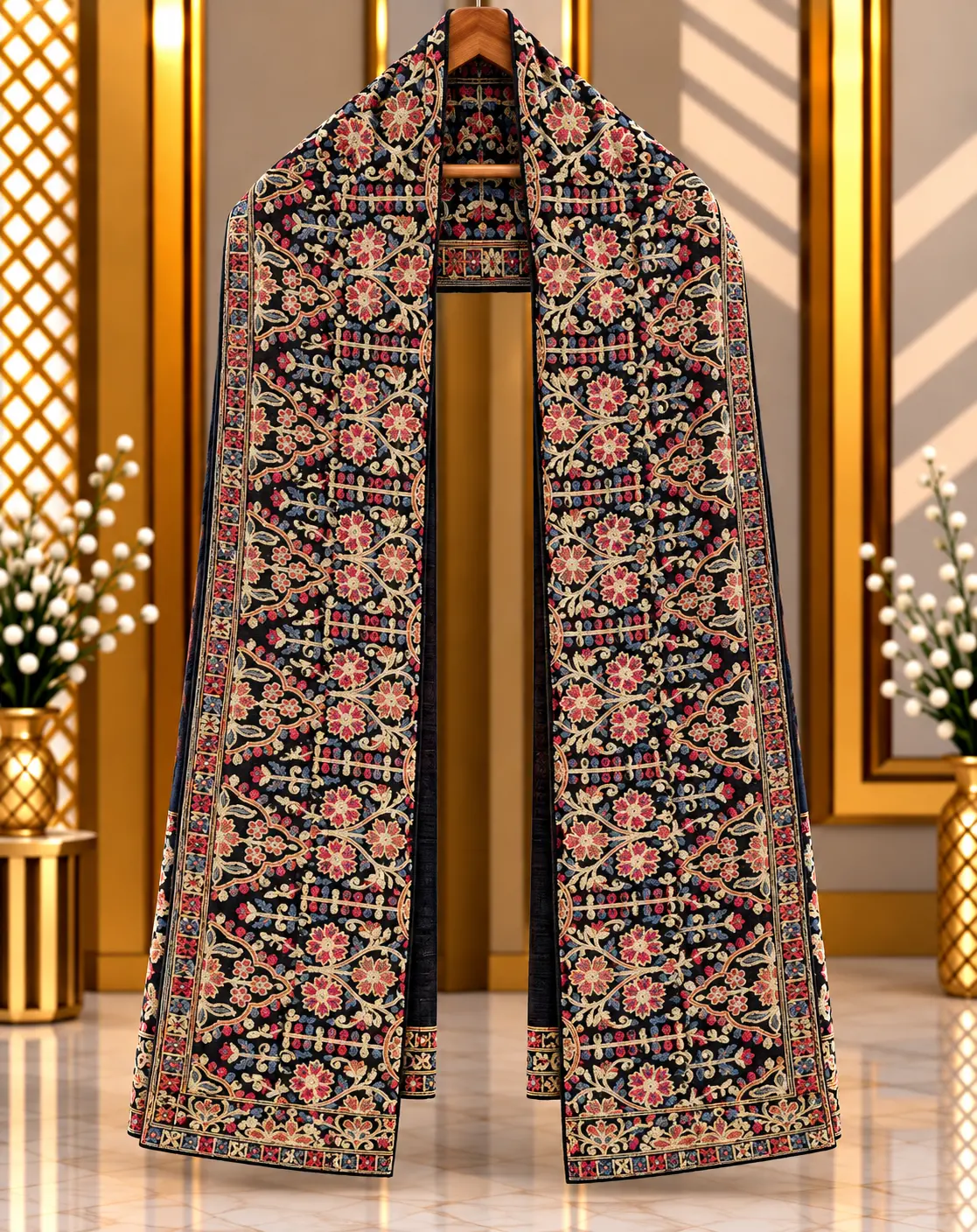 Black Traditional Groom Wedding Stole with Floral Embroidery
