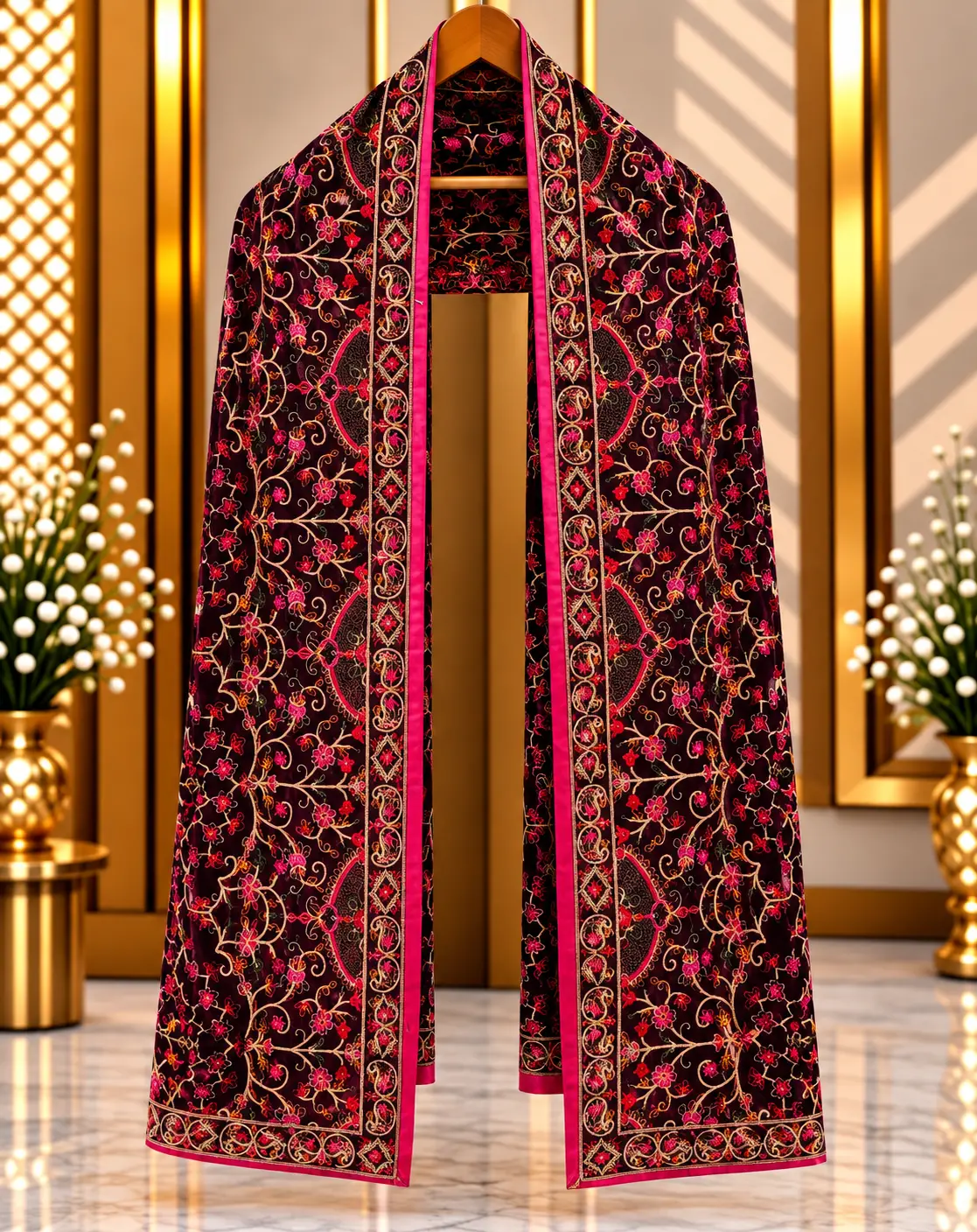 Black & Magenta Traditional Groom Wedding Stole with Floral Embroidery