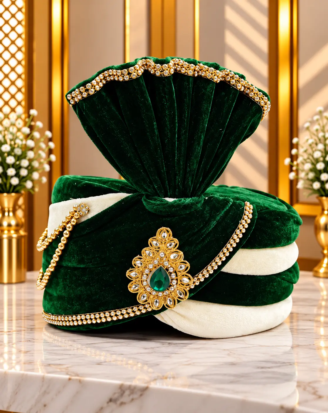 Bottle Green & Ivory Traditional Groom Wedding Turban with Jeweled Ornament