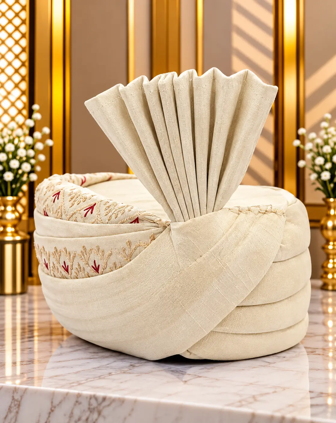 Ivory Cream Traditional Groom Wedding Turban with Pleated Fan Crest