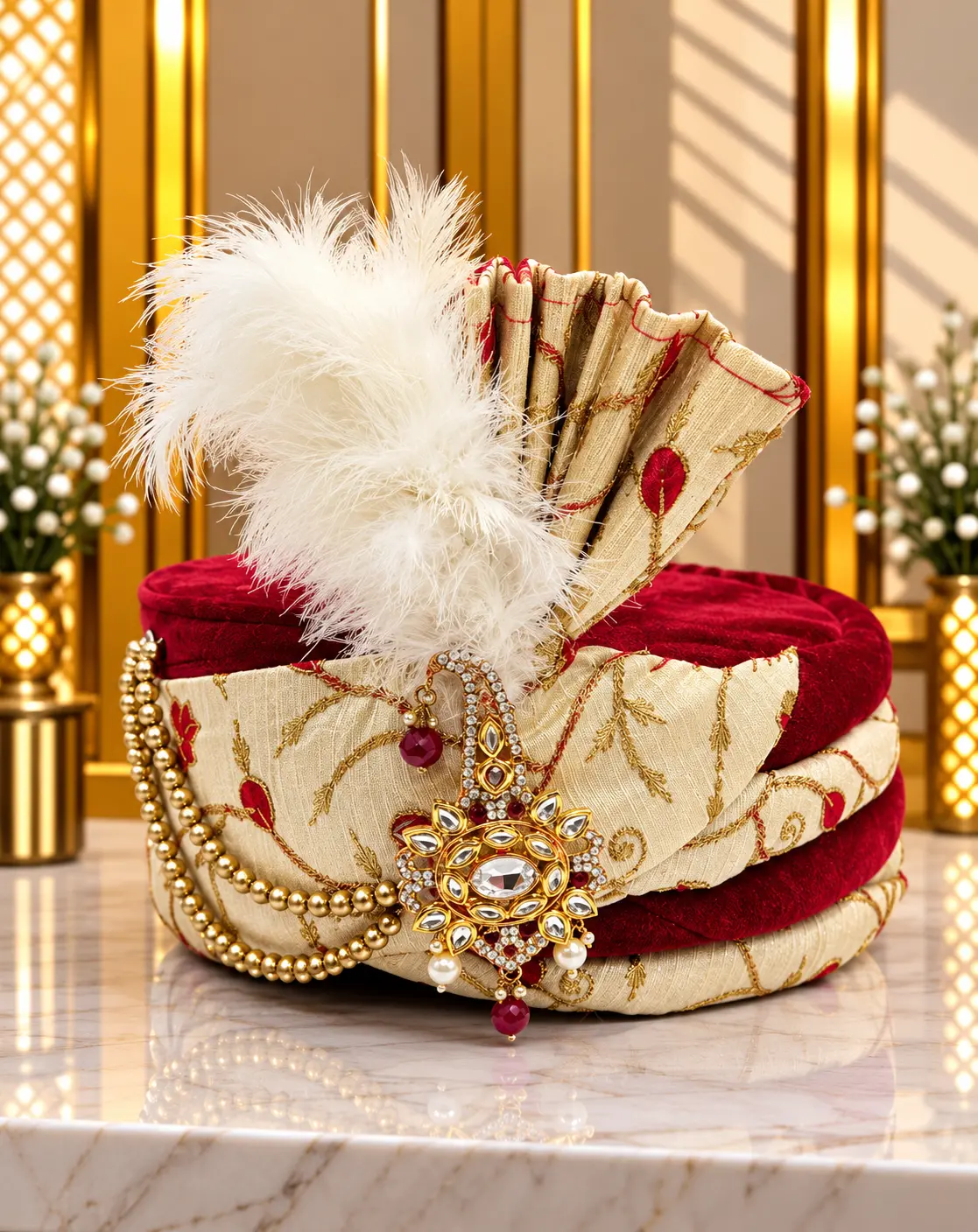 Ivory Cream & Maroon Traditional Groom Wedding Turban with Feather & Jeweled Ornament