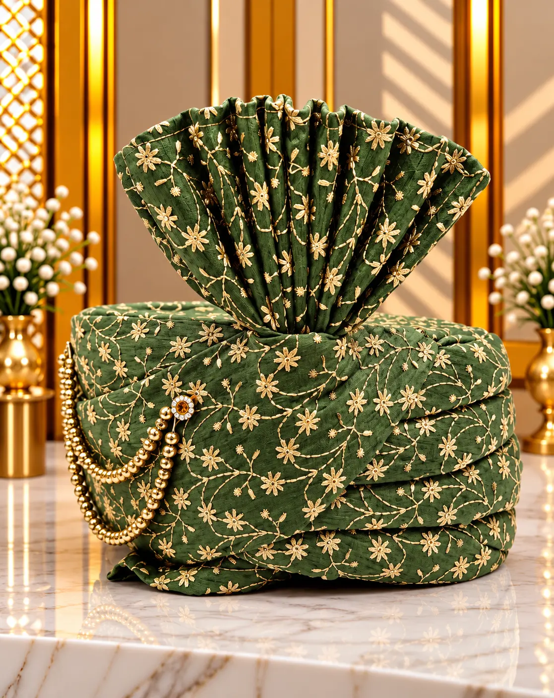 Olive Green Traditional Groom Wedding Turban with Gold Floral Embroidery