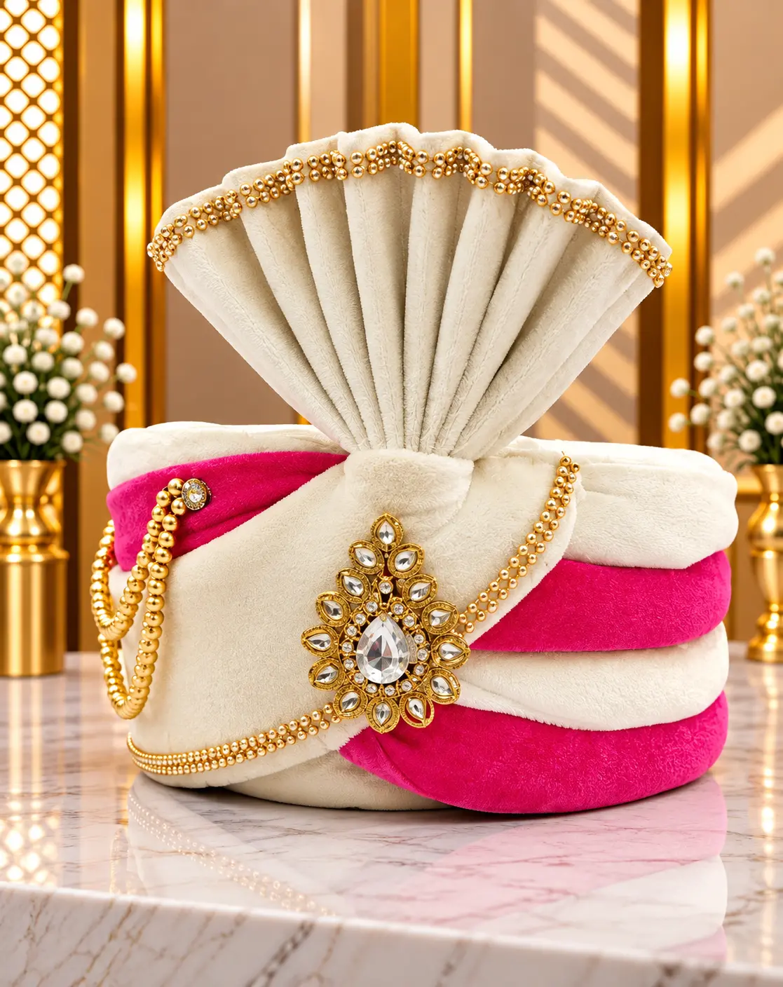 Ivory Cream & Rani Pink Traditional Groom Wedding Turban with Jeweled Ornament