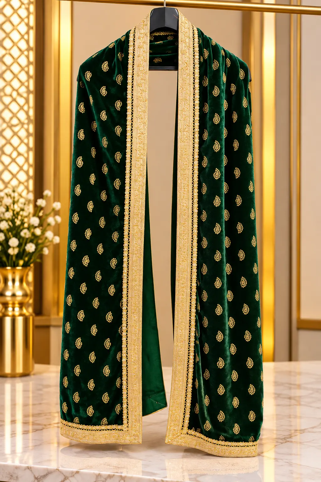 Bottle Green Traditional Groom Wedding Stole with Gold Paisley Motifs
