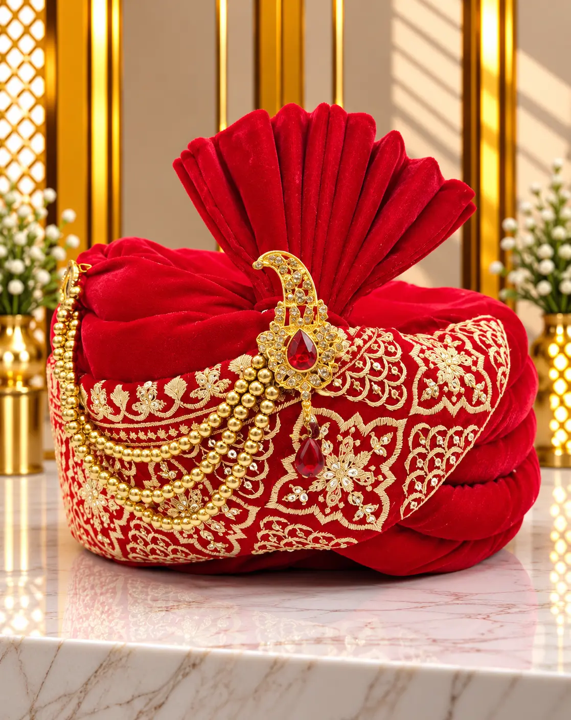 Red Traditional Groom Wedding Turban with Gold Embroidery & Jeweled Kalgi