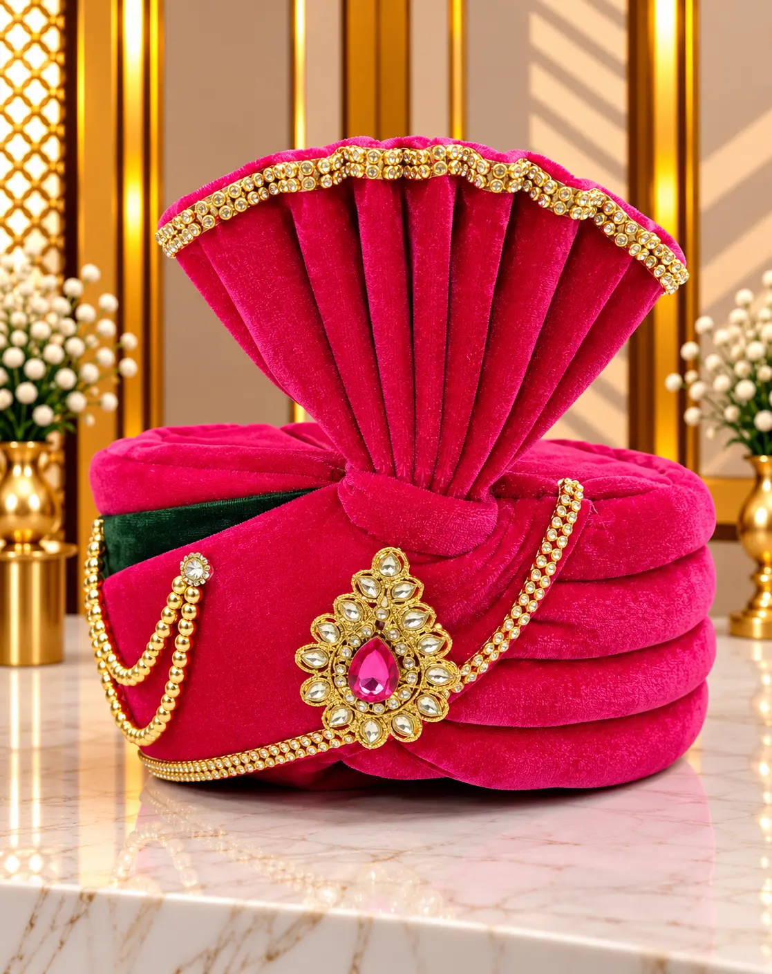 Rani Pink Traditional Groom Wedding Turban with Jeweled Ornament