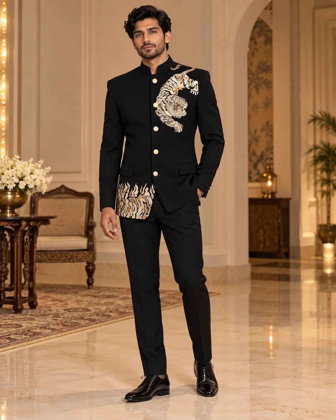 Men’s Black Tiger Embroidered Jodhpuri Suit