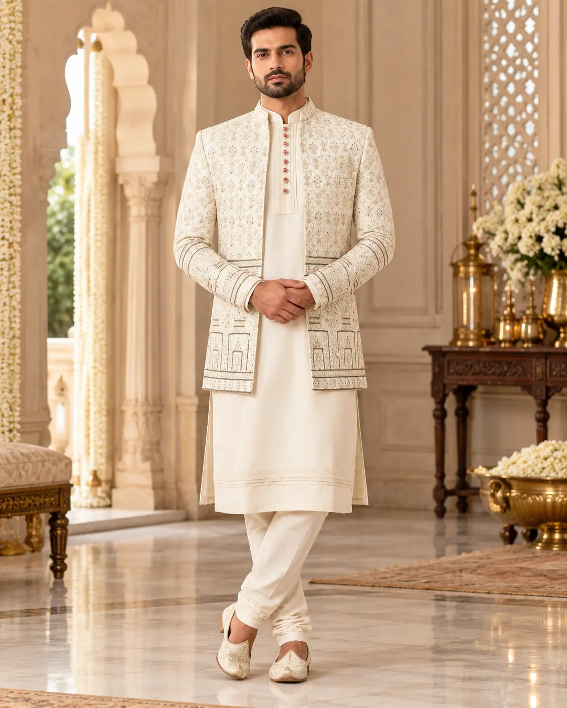 Men’s Ivory Embroidered Indo-Western Set with Pajama