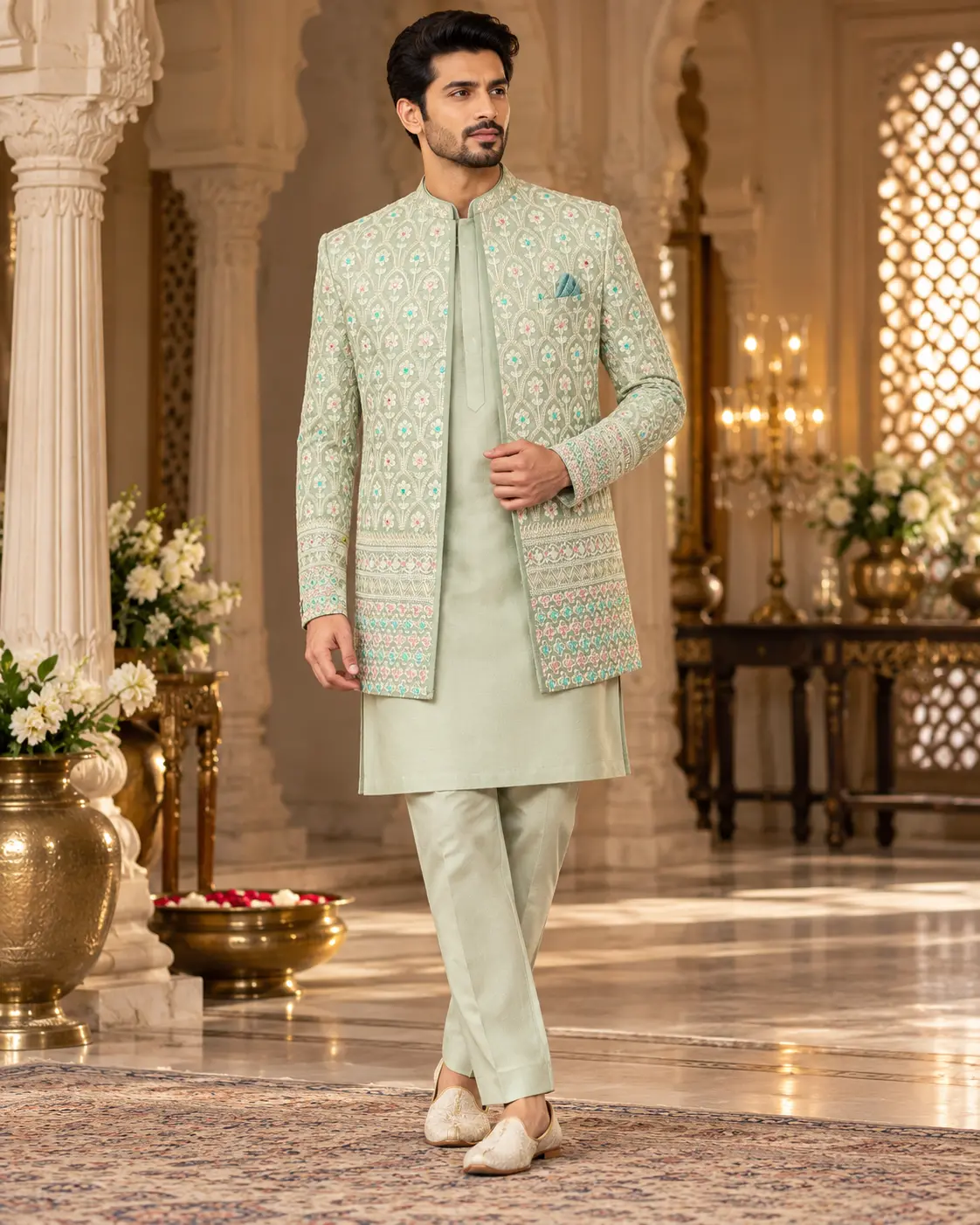 Men’s Sage Green Embroidered Indo-Western Set with Kurta Pajama