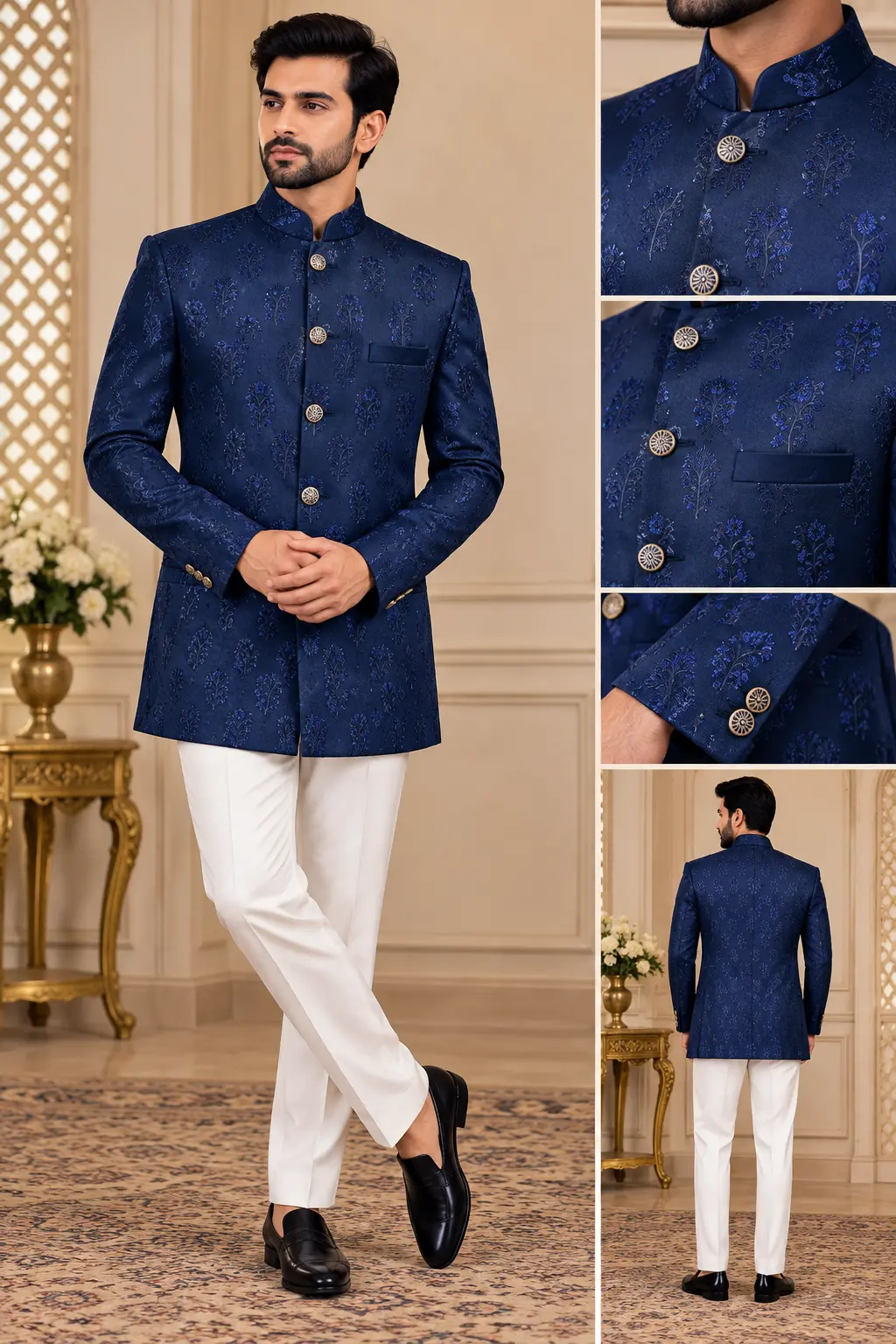 Men’s Navy Blue Jodhpuri Suit with White Trousers