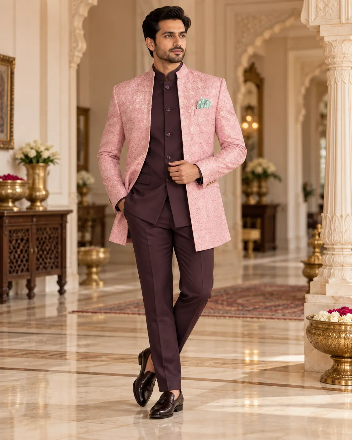 Men’s Pink Brocade Three-Piece Jodhpuri Suit