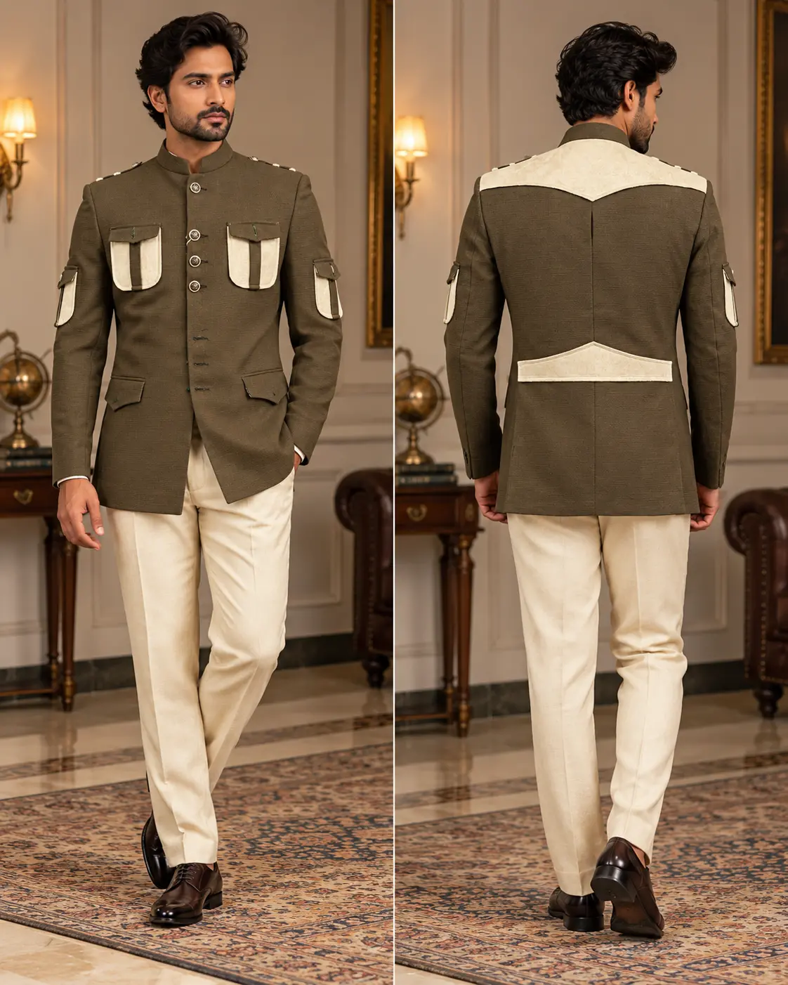 Shop a men’s pink brocade three-piece Jodhpuri suit with contrasting bandhgala and matching trousers, ideal for weddings, receptions and engagements.