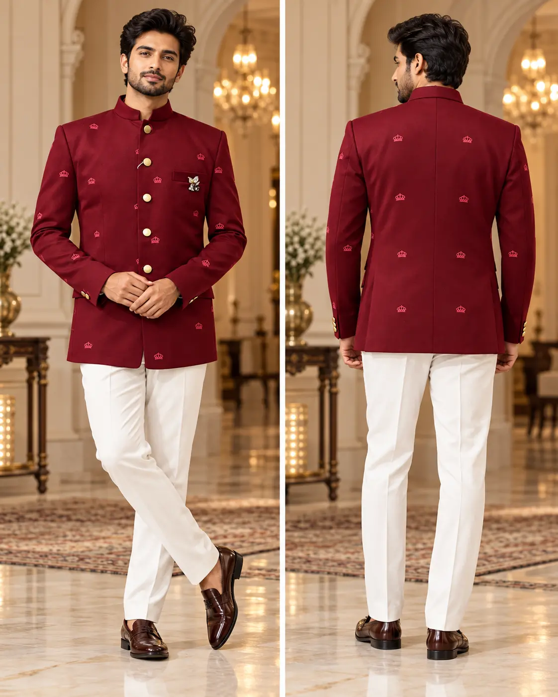 Men’s Maroon Crown Motif Jodhpuri Blazer with White Trousers