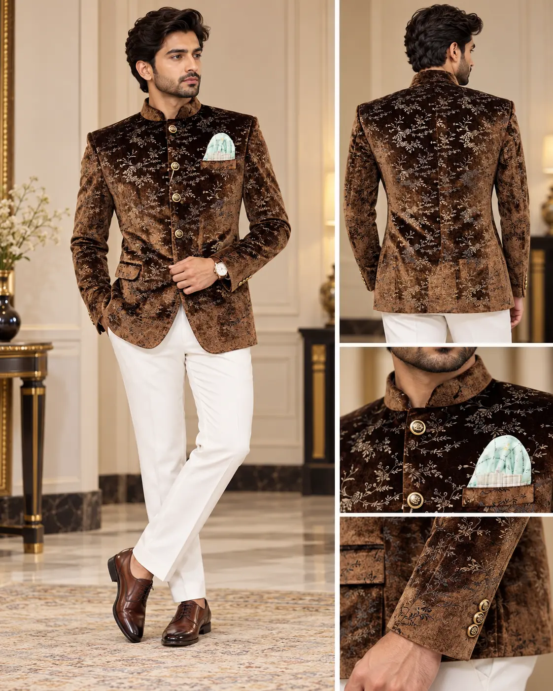 Men’s Brown Floral Velvet Jodhpuri Blazer with White Trousers