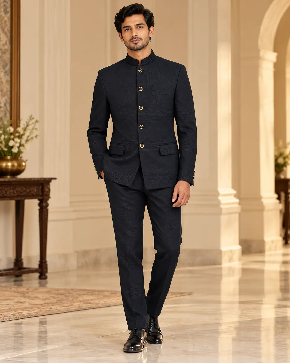Men’s Navy Blue Jodhpuri Suit with Matching Trousers