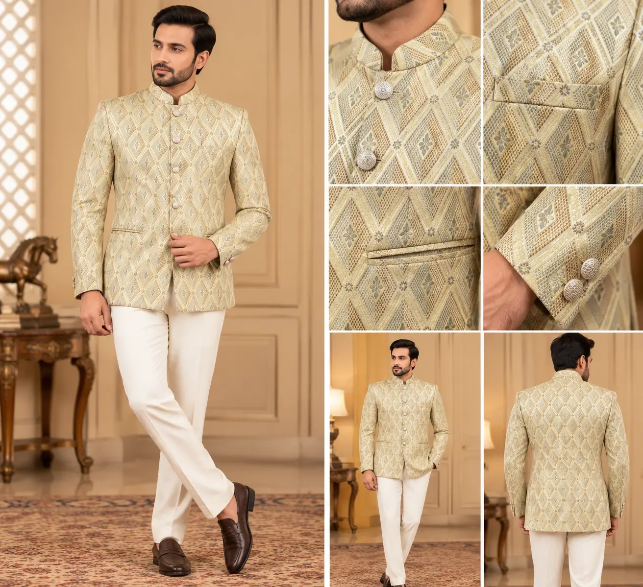 Men’s Beige Geometric Jodhpuri Suit with Contrast Trousers