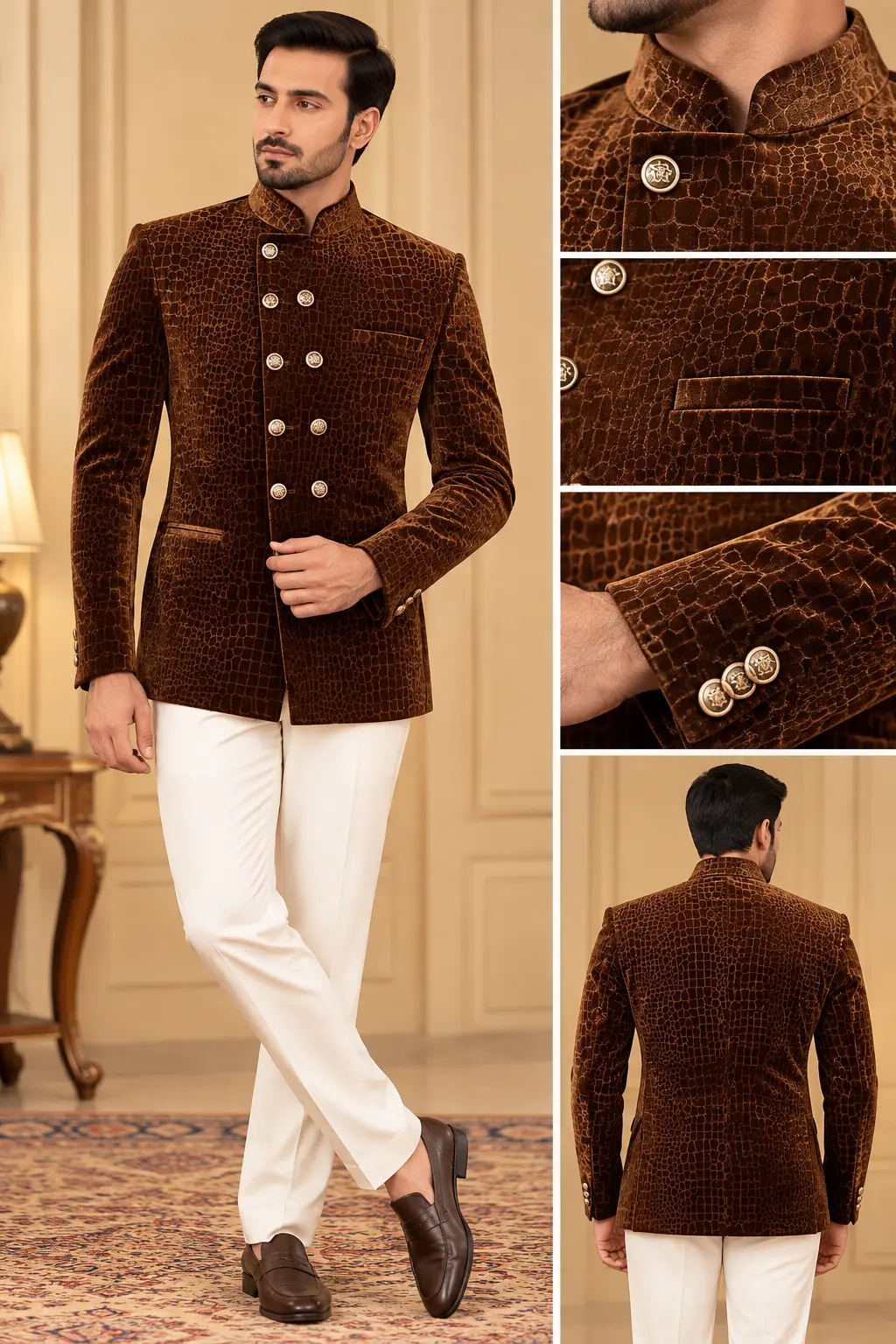 Men’s Brown Textured Jodhpuri Suit with Contrast Trousers