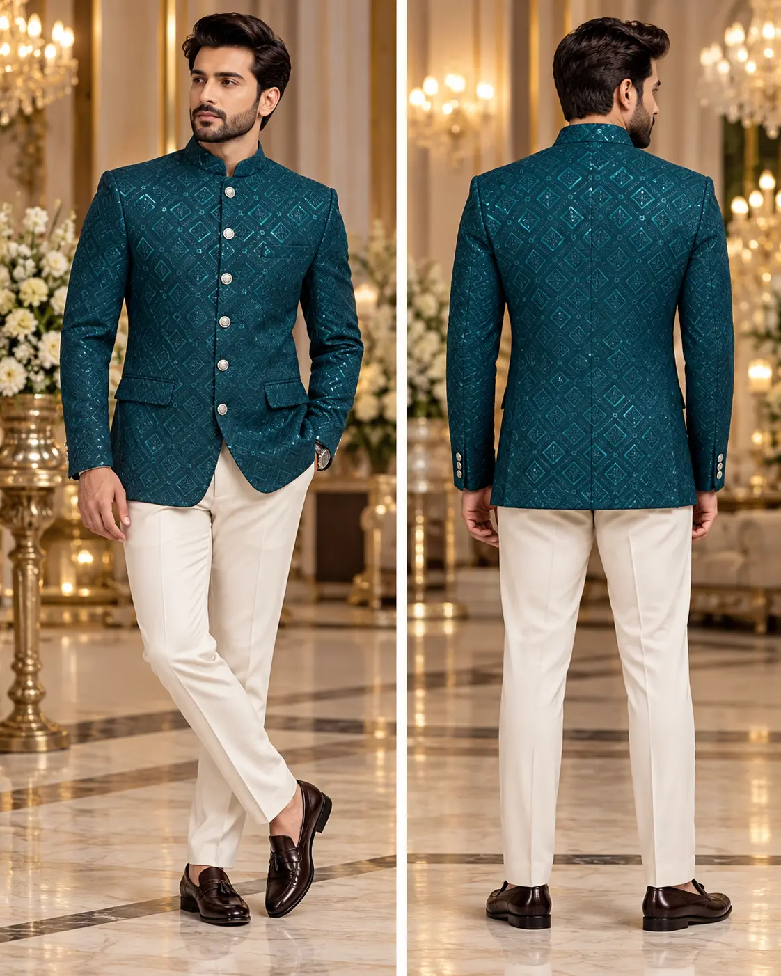 Men’s Teal Geometric Jodhpuri Suit with Contrast Trousers