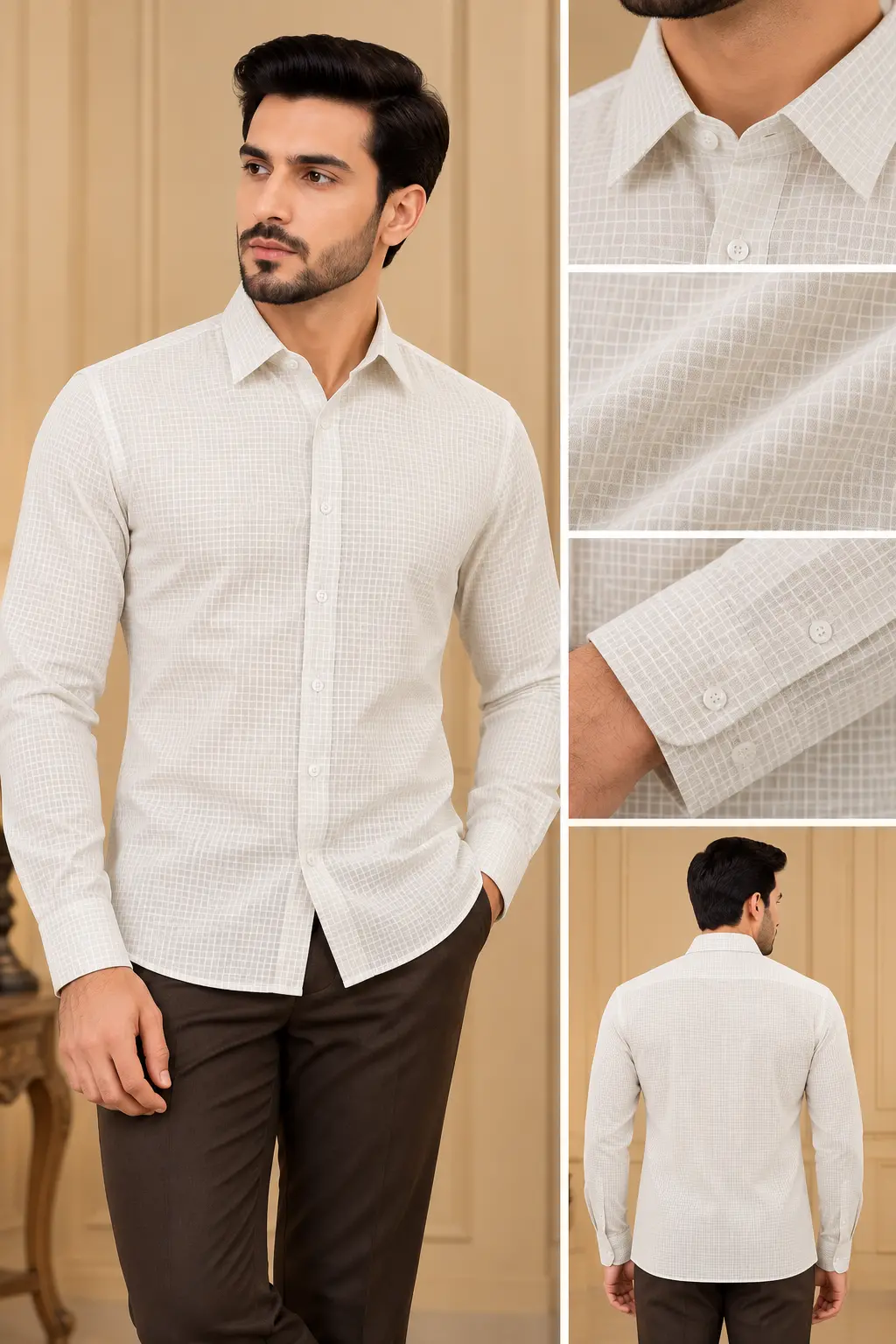 Men’s White Micro Check Slim Fit Shirt