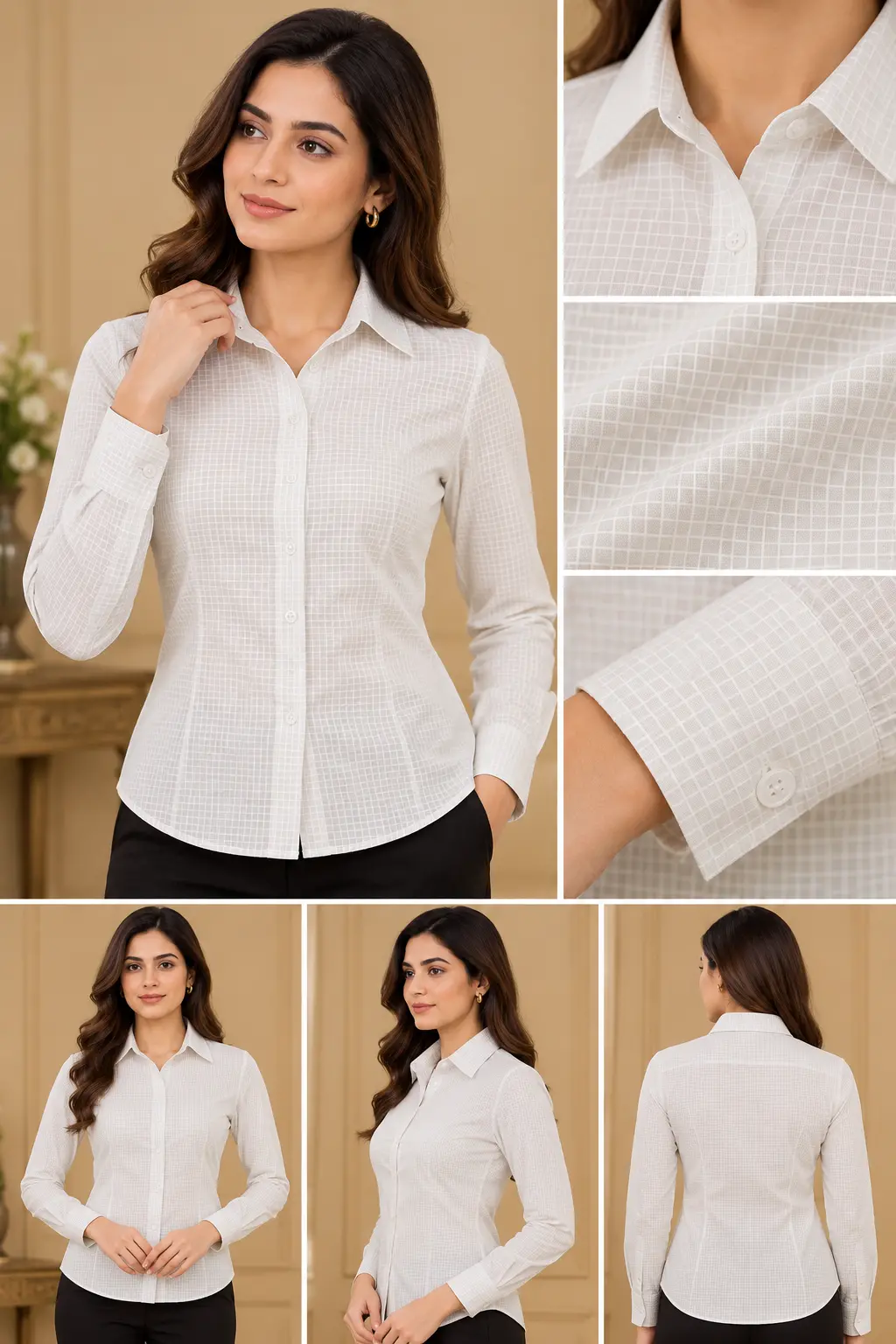Women’s White Micro Check Slim Fit Shirt