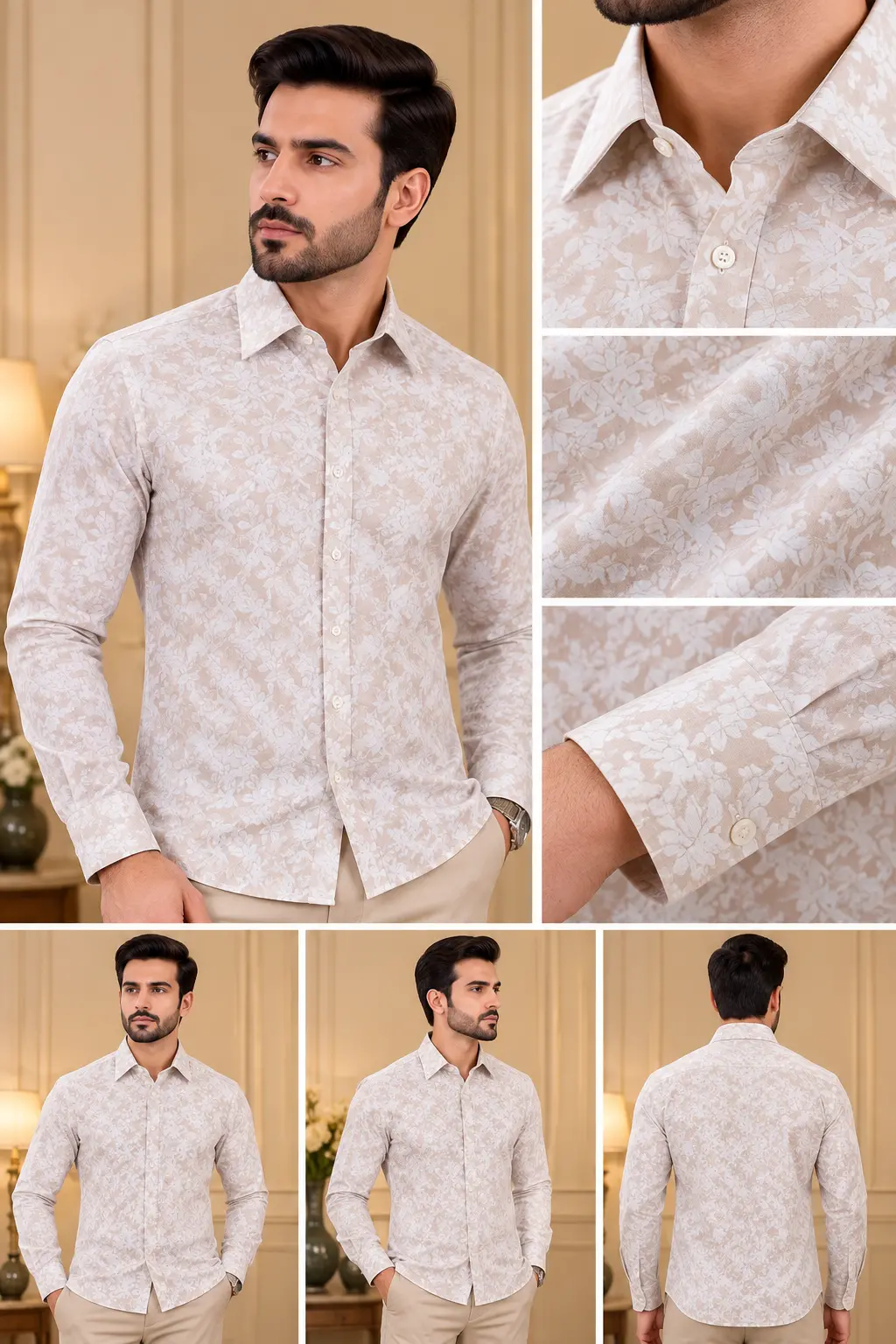 Men’s Beige Floral Print Slim Fit Shirt