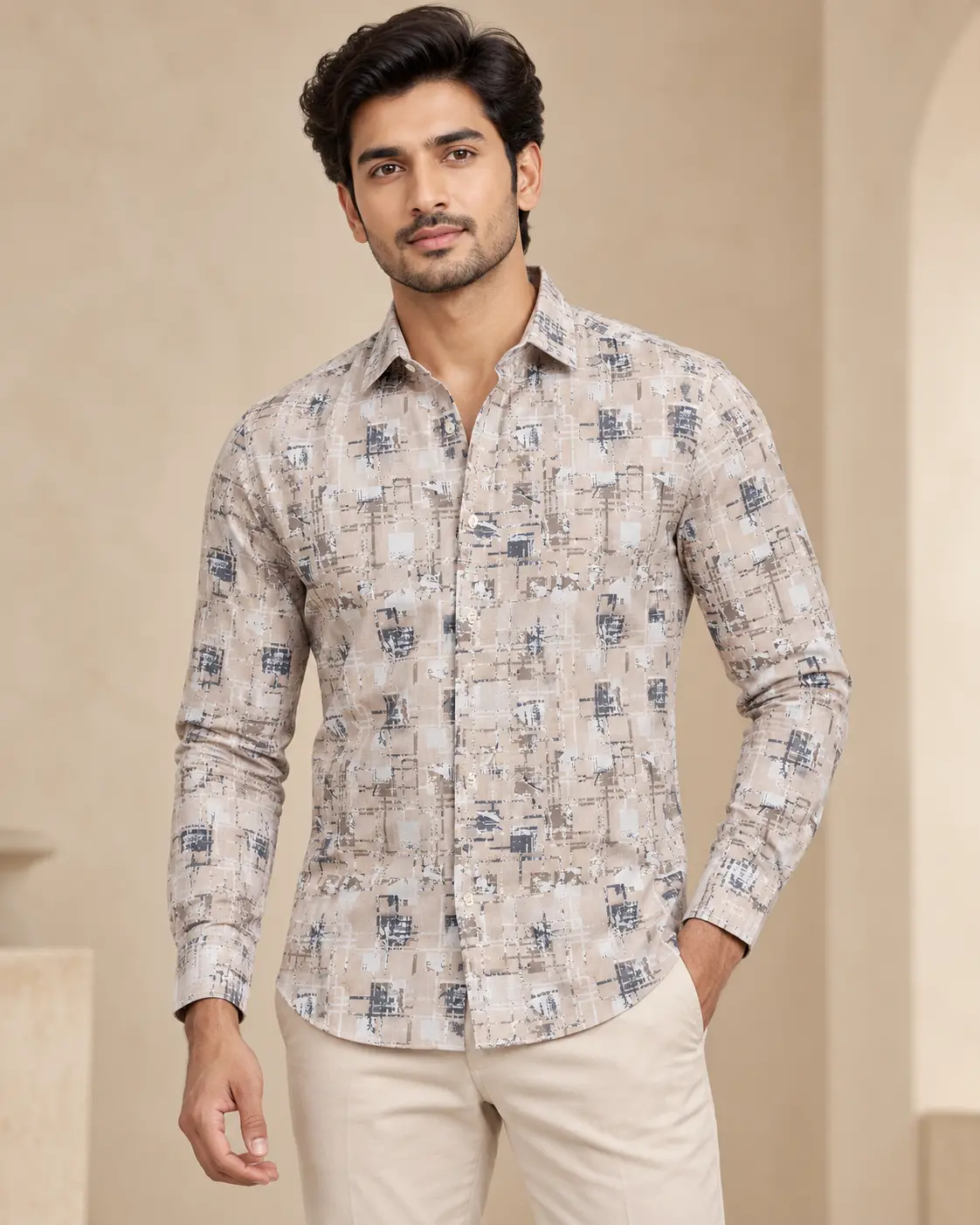 Men’s Beige Abstract Geometric Print Casual Shirt