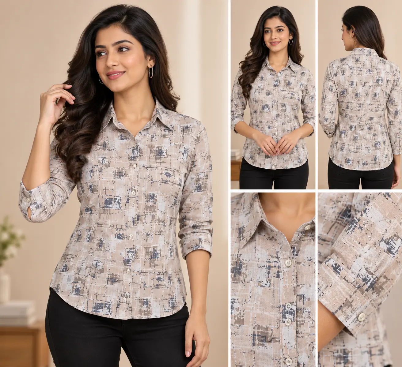 Women’s Beige Abstract Geometric Print Slim Fit Shirt